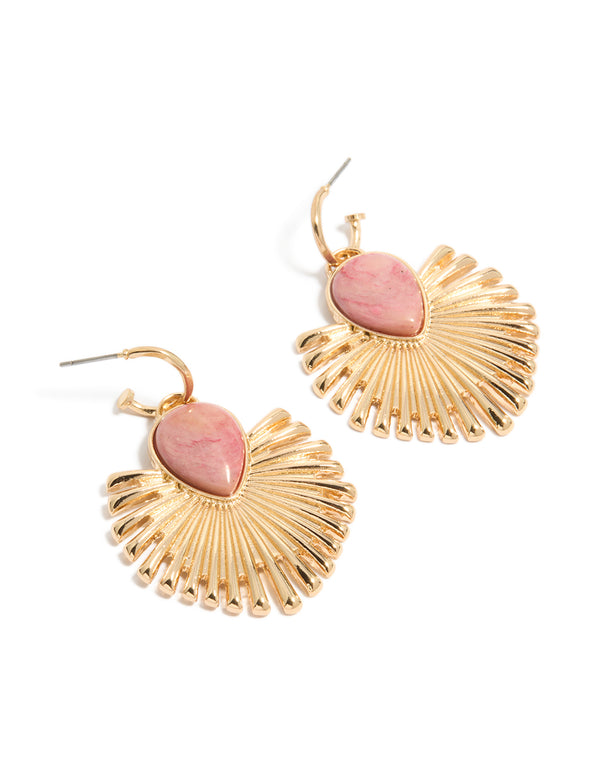 Showcasing fanned drop earrings with statement style featuring light pink stones and gold finish front view