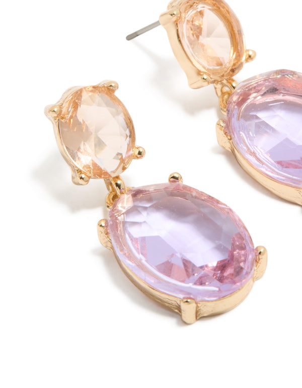 Highlighting statement gold purple and orange diamantes double drop earrings close up view