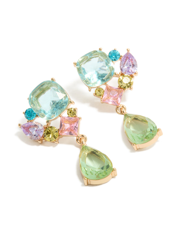 Showcasing statement drop earrings in gold featuring cluster diamante stones with blue, green, and pink tones front view