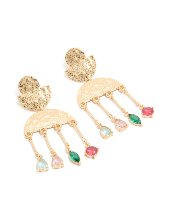 Showcasing worn gold pink and green diamantes drop earrings with charm statement design front view