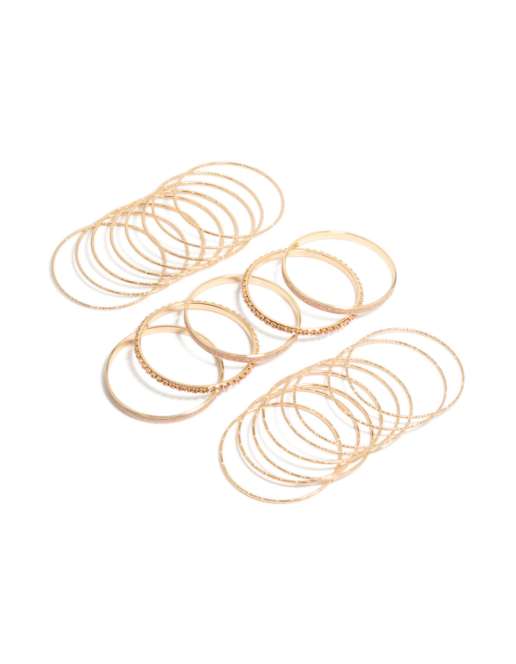 Featuring gold pink diamante bangles in a stackable 21-pack, front view