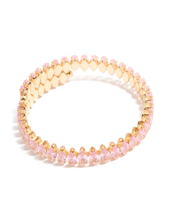 Showcasing a gold pink diamante bracelet in light pink front view