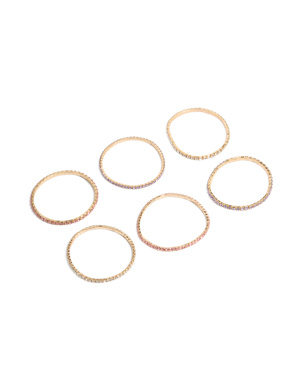 Featuring stackable gold bracelets with pink and lavender diamante embellishments in a 6-pack front view