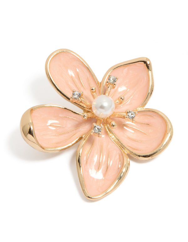 Gold Pink Enamel Pearl Centre Flower Brooch
