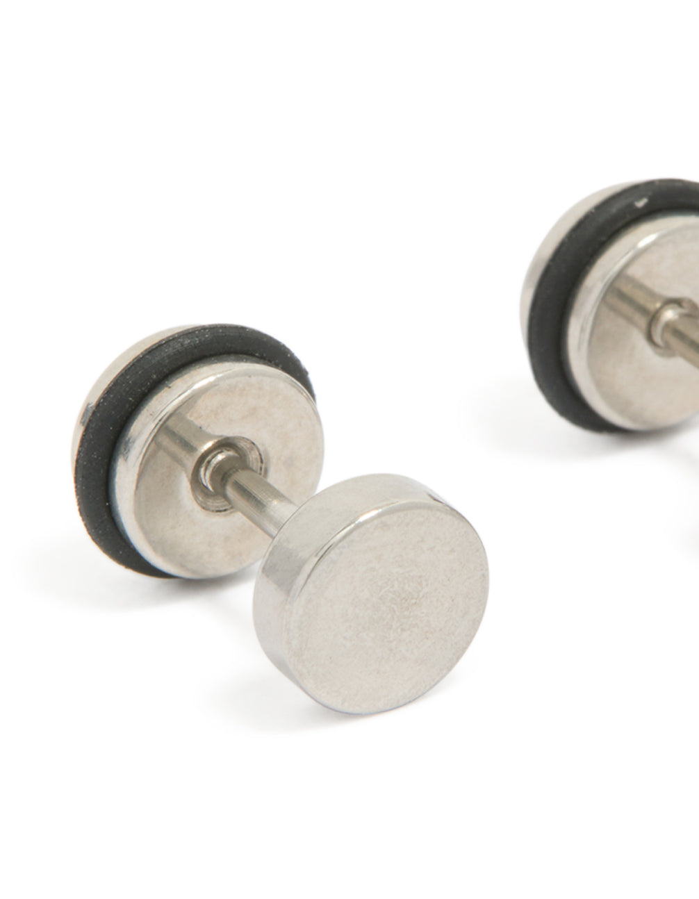 Displaying mens waterproof stainless steel round flat back stud earrings in silver and black close up view
