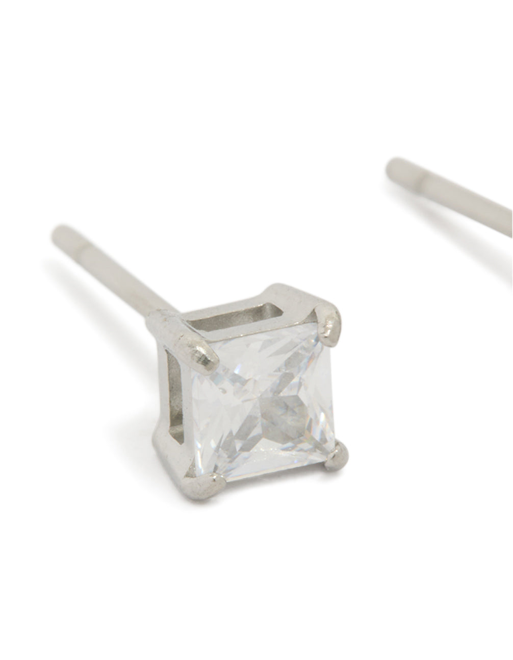 Highlighting mens waterproof mini square clear cubic zirconia stud earrings in stainless steel with silver finish close up view