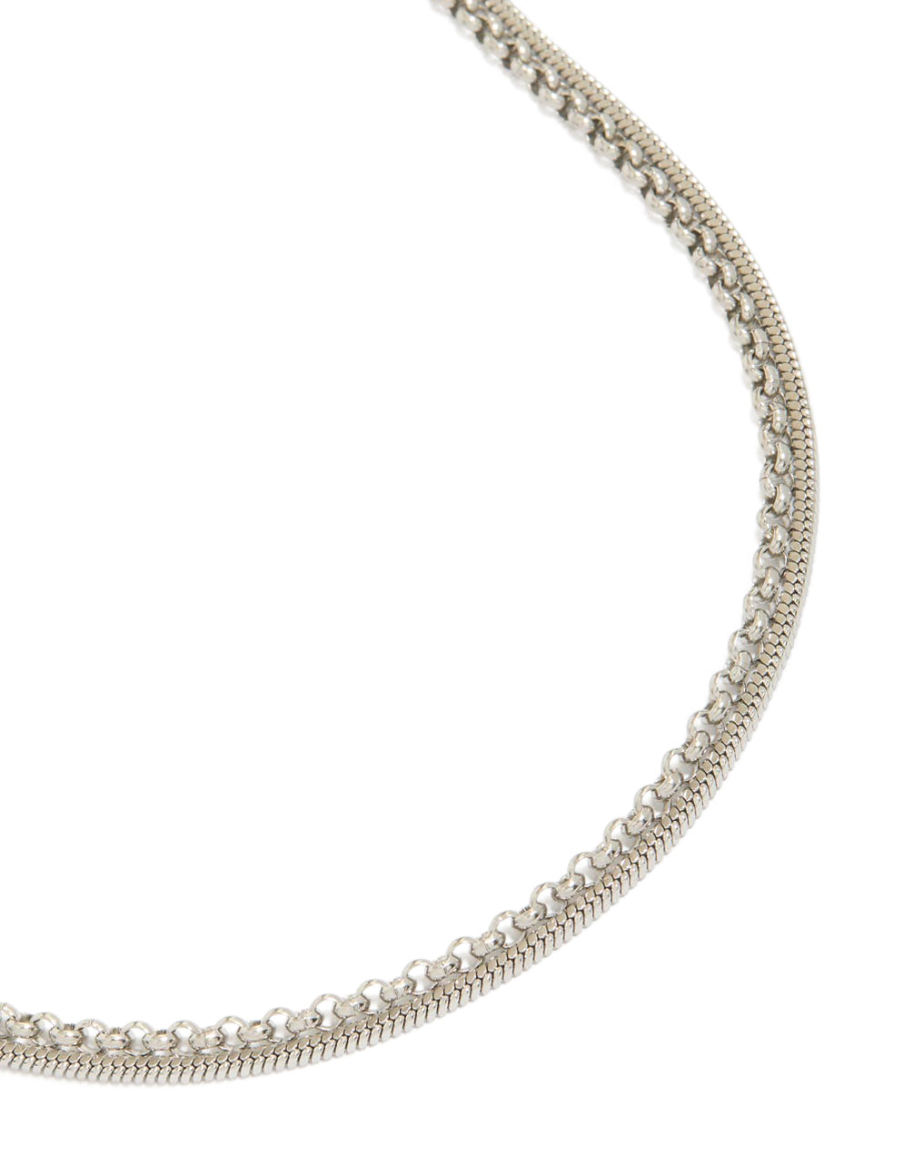 Showcasing mens waterproof stainless steel mini snake chain necklaces with silver finish in 2-pack close up view