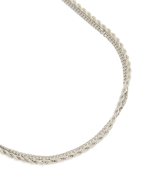 Showcasing men's waterproof stainless steel mini box and twist chain necklaces in silver 2-pack close up view