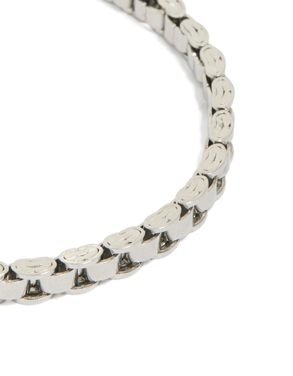 Showcasing waterproof stainless steel craftsmanship, this mens link chain bracelet in silver close up view