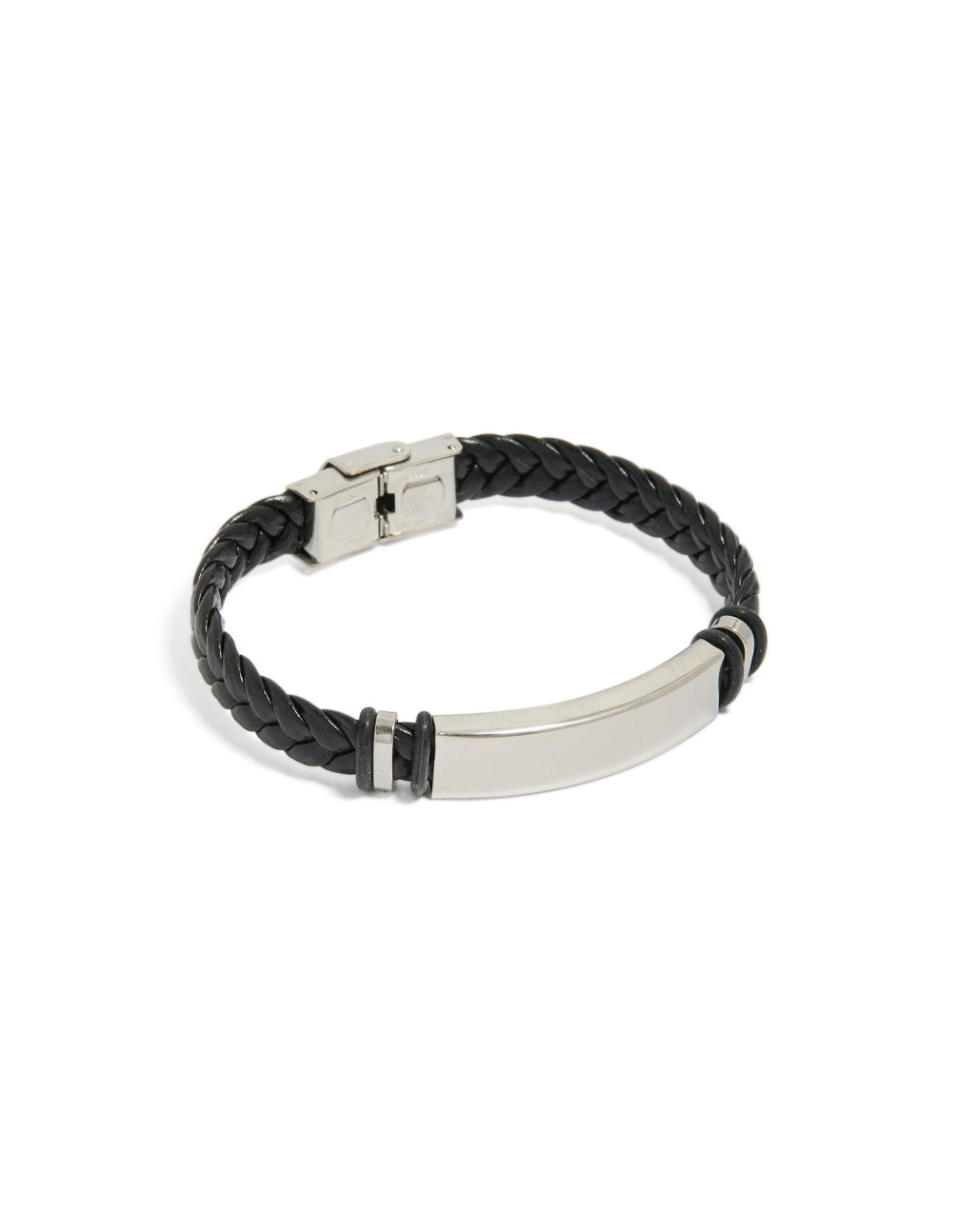 Showcasing a mens waterproof bar bracelet crafted from stainless steel with braided black PU leather band and silver accents front view