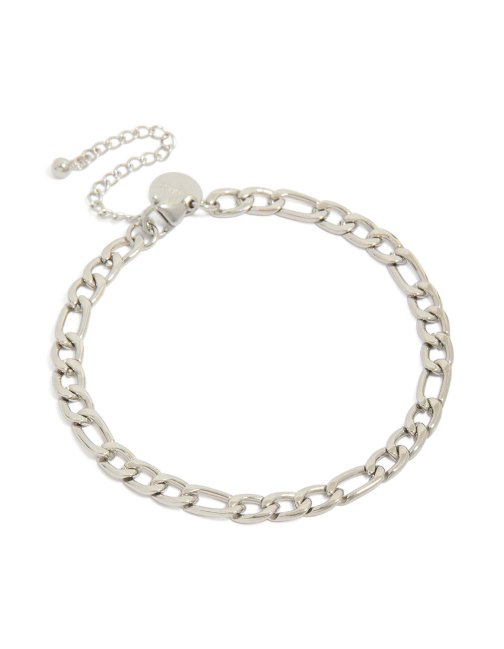 Showcasing a mens waterproof stainless steel figaro chain bracelet in silver front view