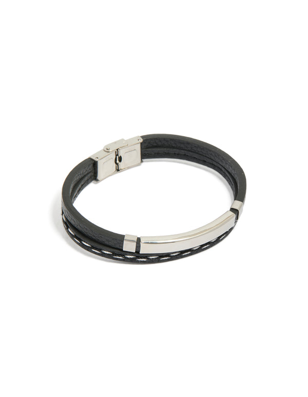 Showcasing a bar bracelet crafted from cord, PU leather, and stainless steel in waterproof black and silver front view