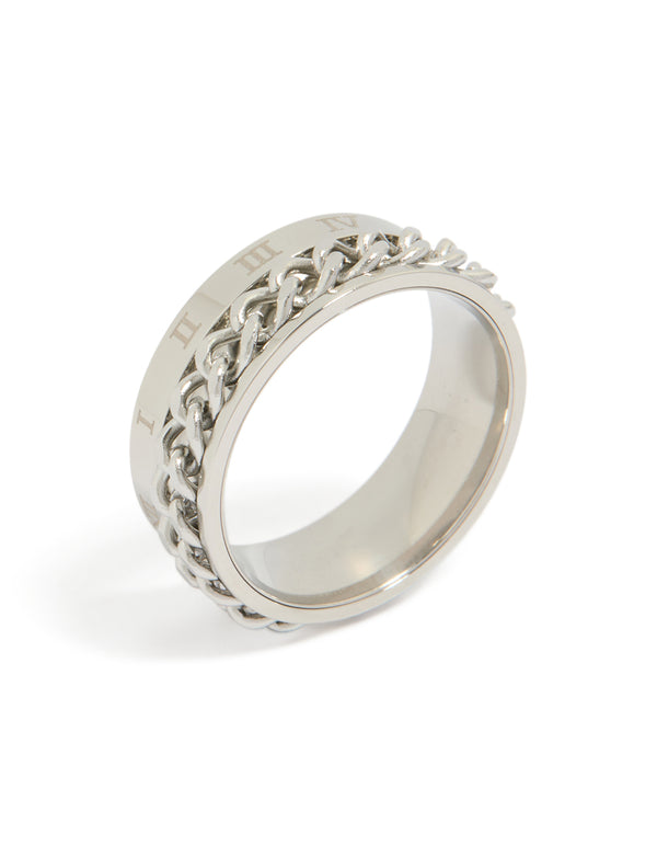 Mens Waterproof Stainless Steel Chain Roman Numeral Detail Ring