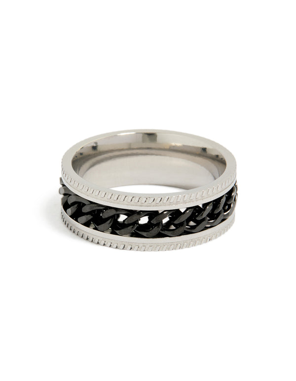 Featuring a mens waterproof stainless steel band ring with black chain detail in silver front view