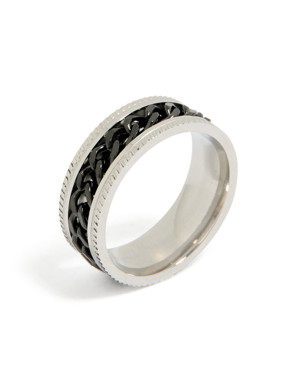 Showcasing a mens waterproof stainless steel band ring with black chain detail in silver side detail view
