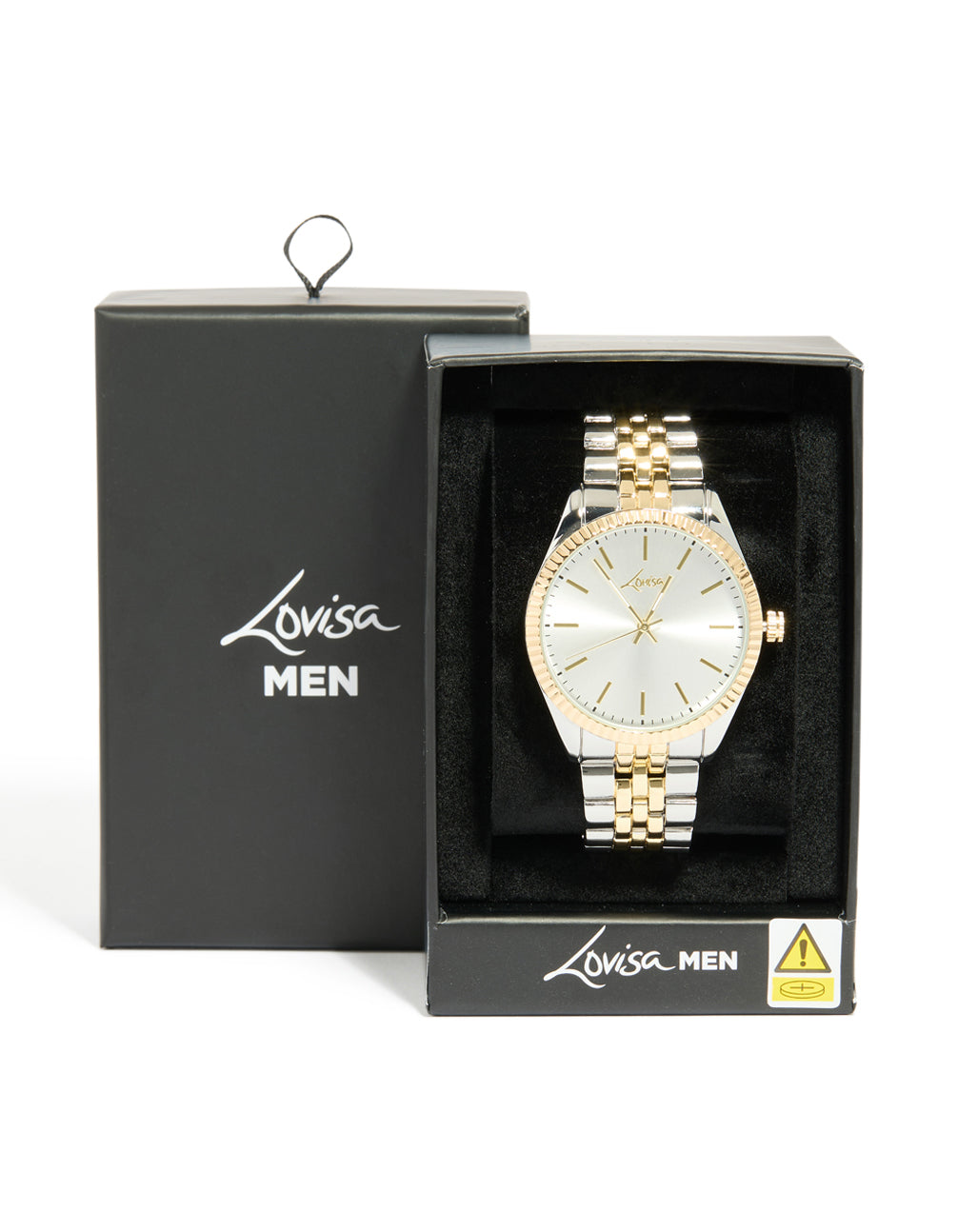 Showcasing men's mixed metal etched link classic watch with white dial, round shape, casual occasion, link band in multi-color, analog type, silver and gold tones, shown in packaging case detail view