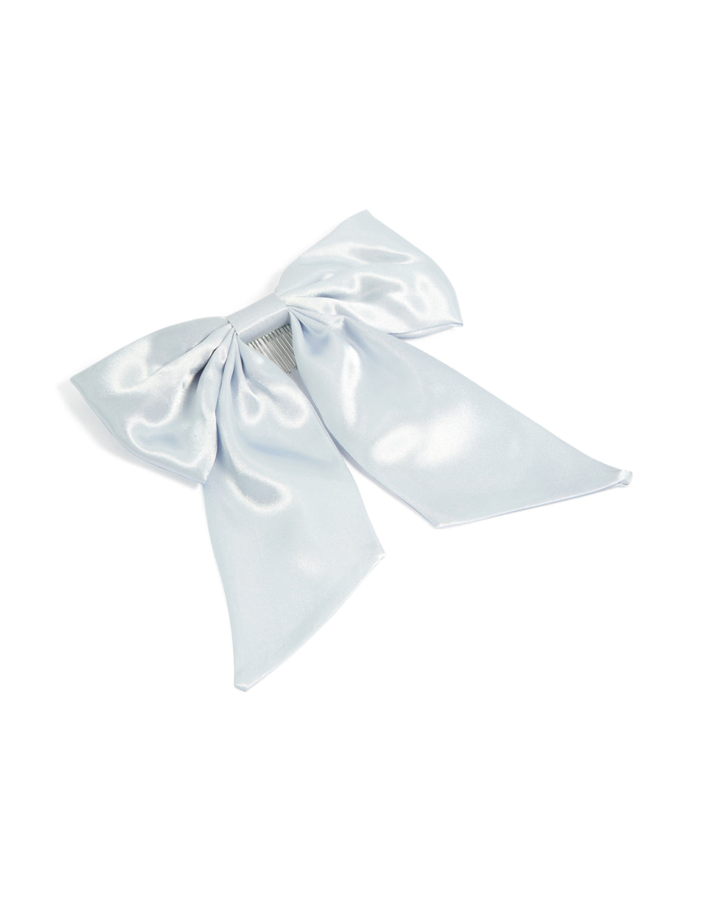 Showcasing a bow detailed satin fabric hair comb in solid powder blue and silver front view