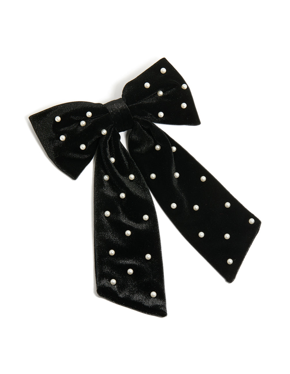 Beautiful black velvet bow clip featuring polkadot print with pearl embellishments statement style front view