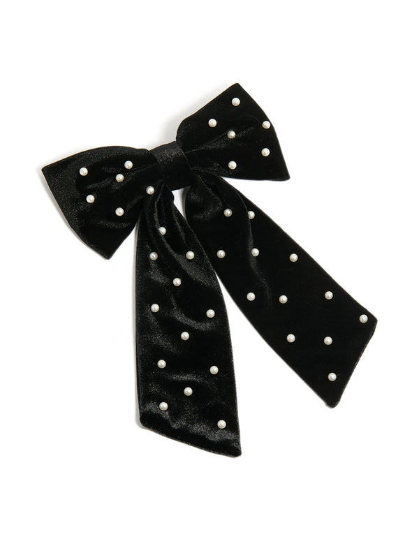 Black Velvet Pearl Stud Bow Clip