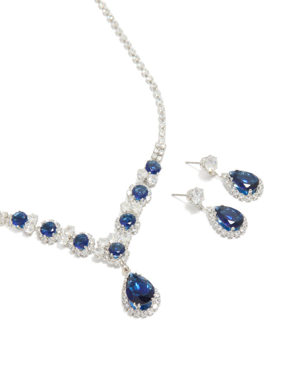 Silver Clear & Dark Blue Cubic Zirconia Necklace & Earrings Set