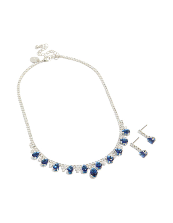 Silver Dark Blue Cubic Zirconia Necklace & Earrings Set