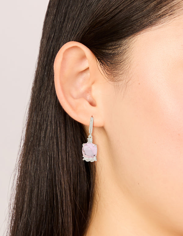 Silver Plated Cubic Zirconia Pink Square Drop Huggie Earrings
