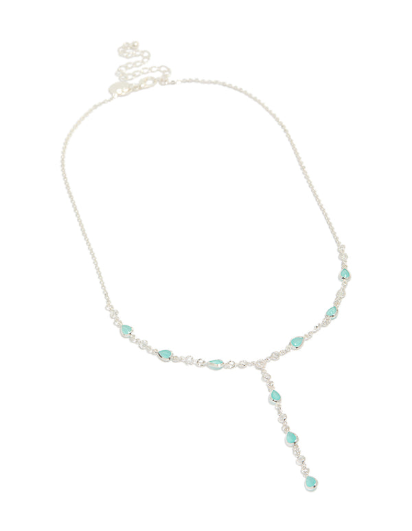 Presenting a statement necklace crafted from silver plated metal with cubic zirconia oval stones in turquoise front view