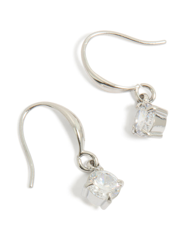 Showcasing waterproof stainless steel sleek drop earrings with round cut cubic zirconia in silver and clear front view