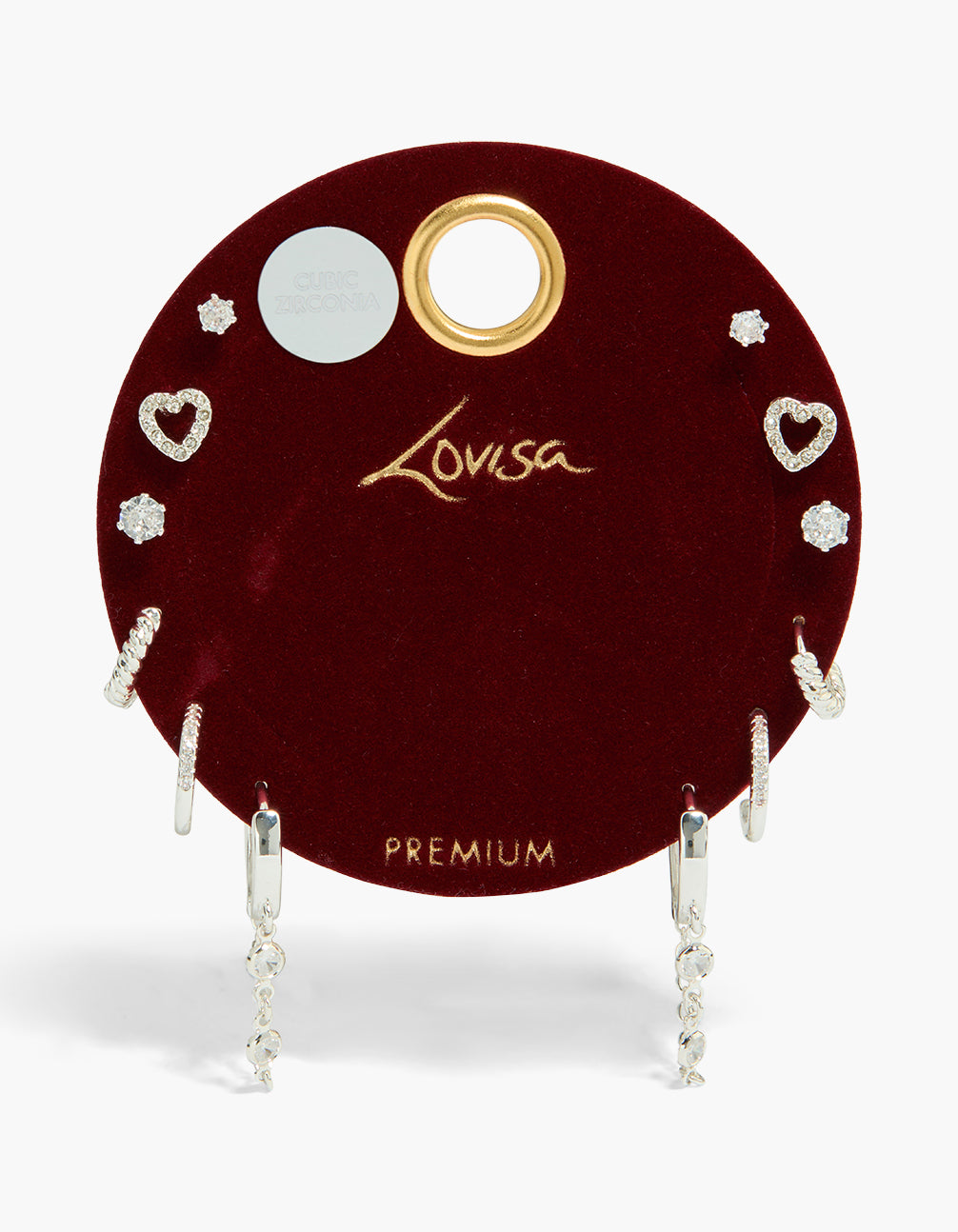 Discover silver plated cubic zirconia heart chain stud earrings 6-pack with featuring huggie closure in silver close up view