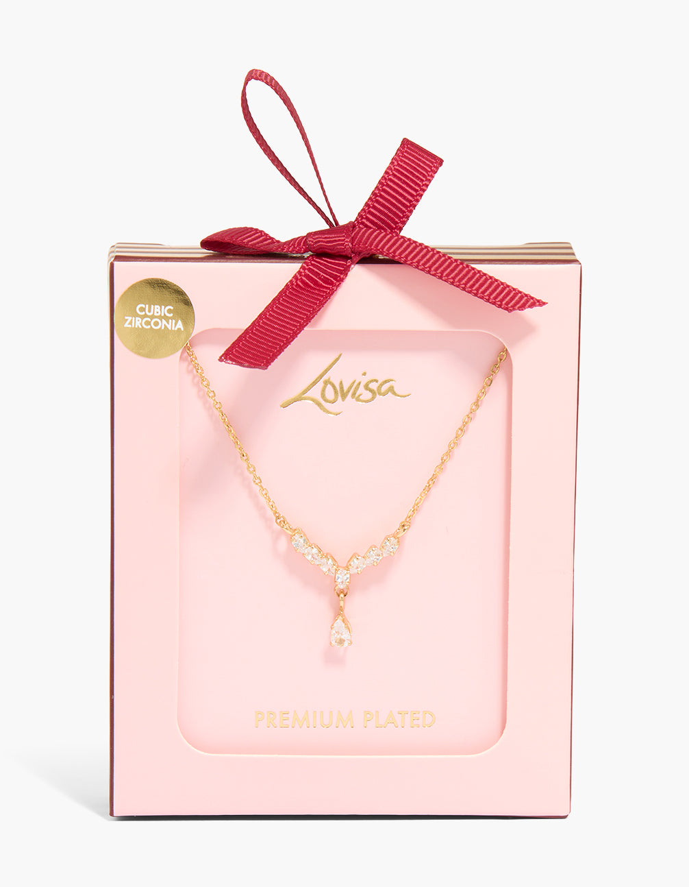 Beautifully presented gold plated cubic zirconia V-neck pendant necklace shown in a packaging close up view