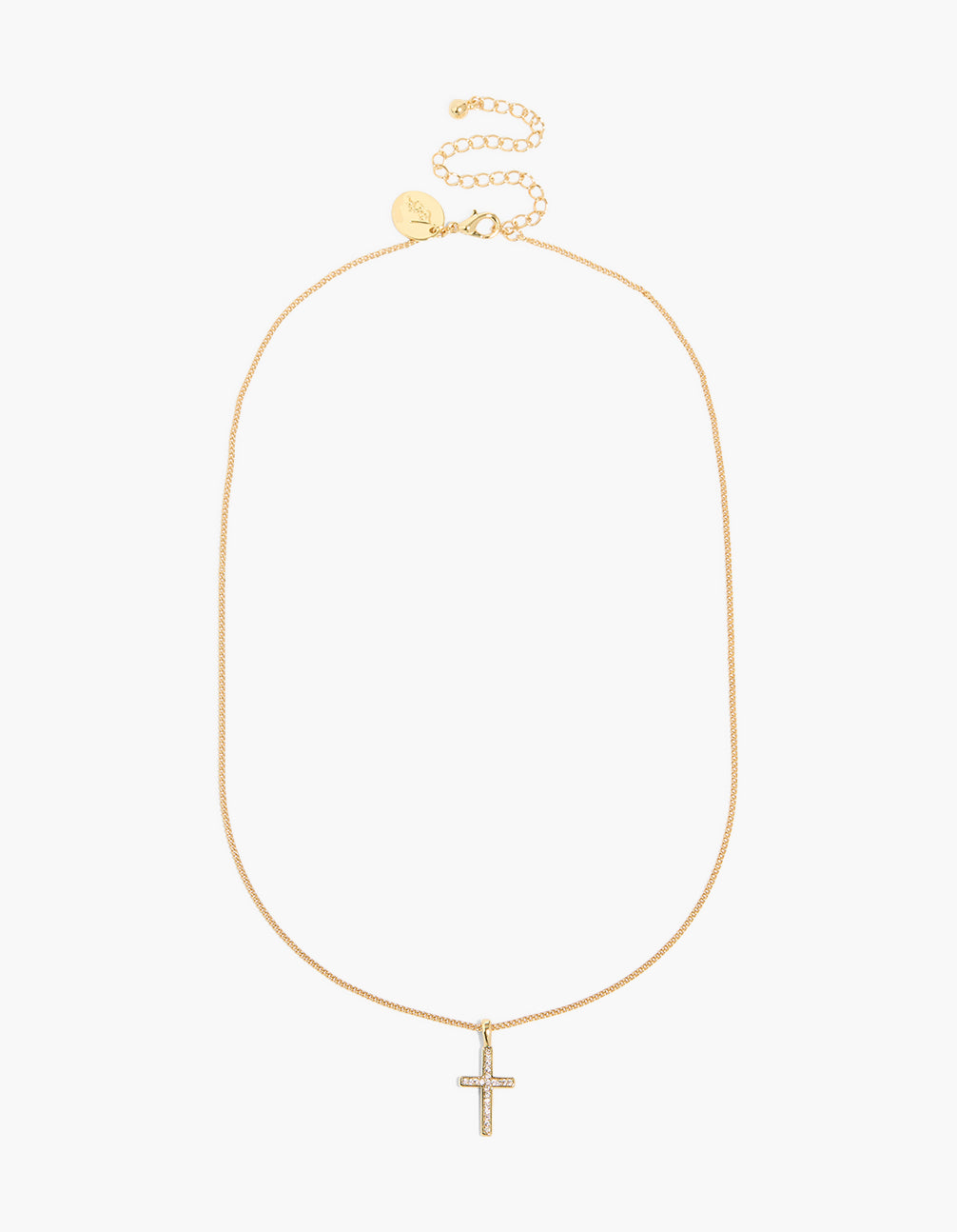Highlighting a gold plated cubic zirconia cross pendant necklace with dainty design front view