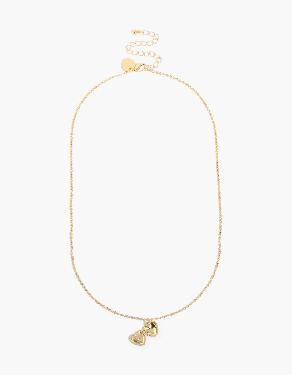 Crafted from gold plated materials, this cubic zirconia heart locket necklace with star pendant and adjustable front view