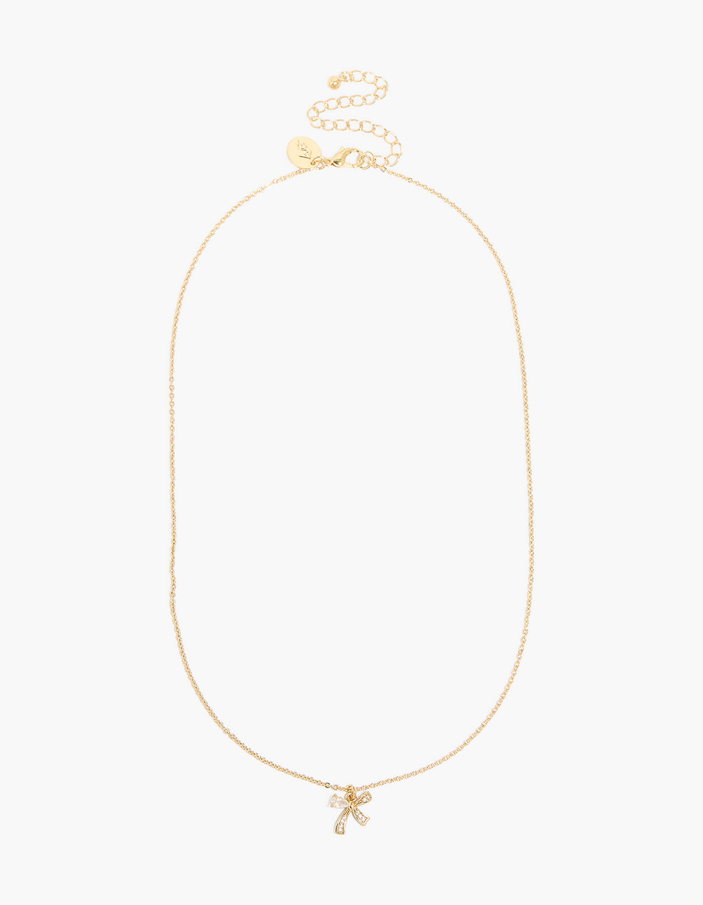 Presenting a gold plated cubic zirconia small bow pendant necklace in chunky style front view
