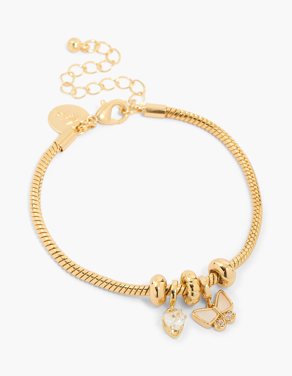Stunning gold plated cubic zirconia heart and butterfly charm bracelet front view