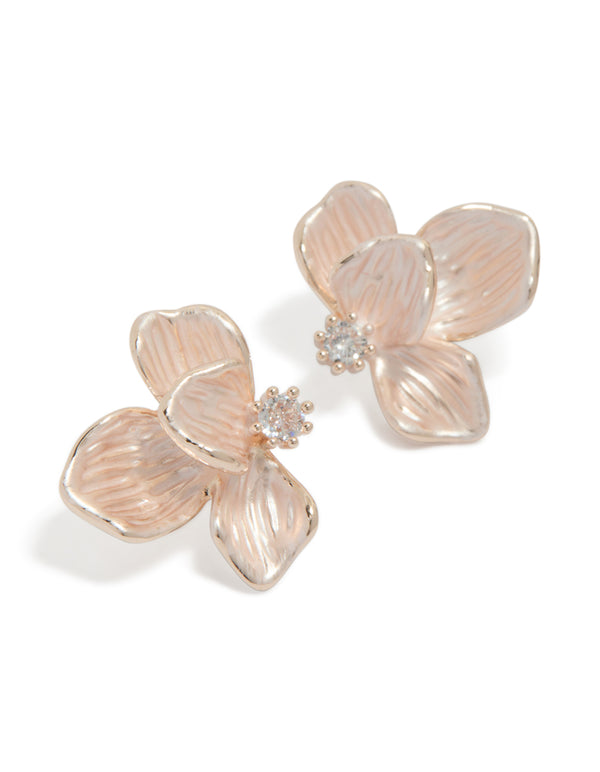 Showcasing floral stud earrings crafted from rose gold plated material with cubic zirconia accents in a design front view