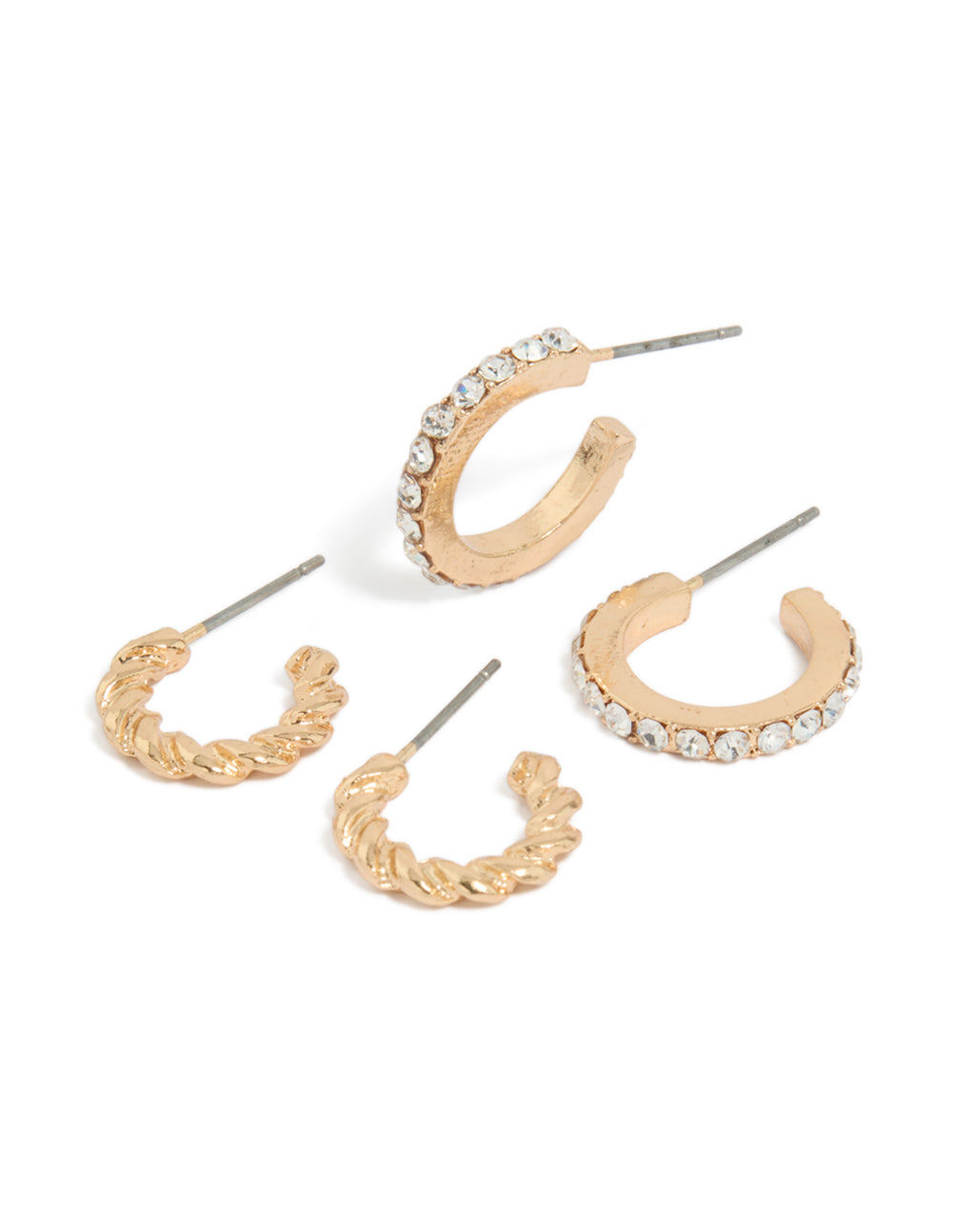 Showcasing a gold twisted and diamante open hoop earrings pack front view