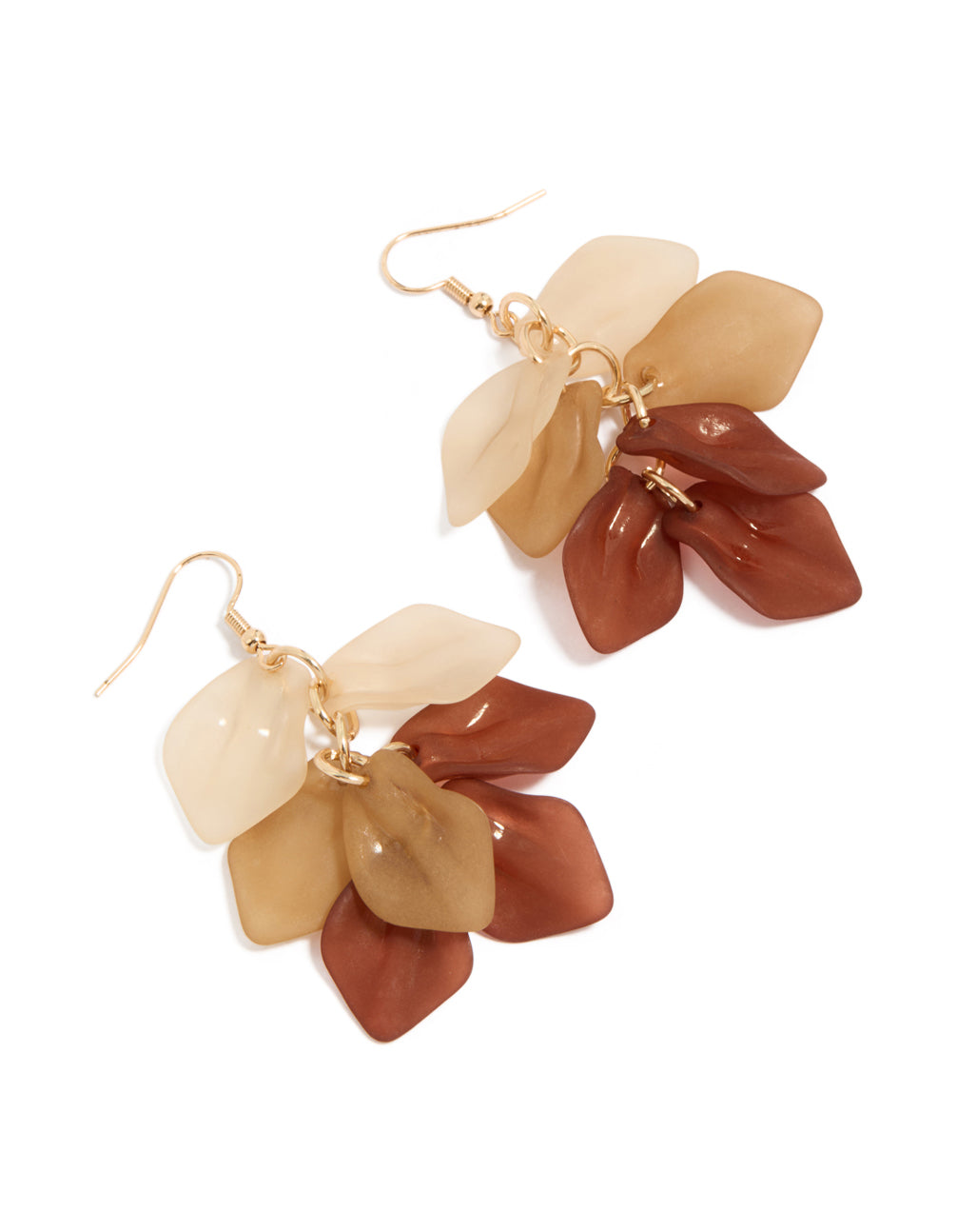 Showcasing statement drop earrings featuring floral petal in gold, tan, and sienna tones front view