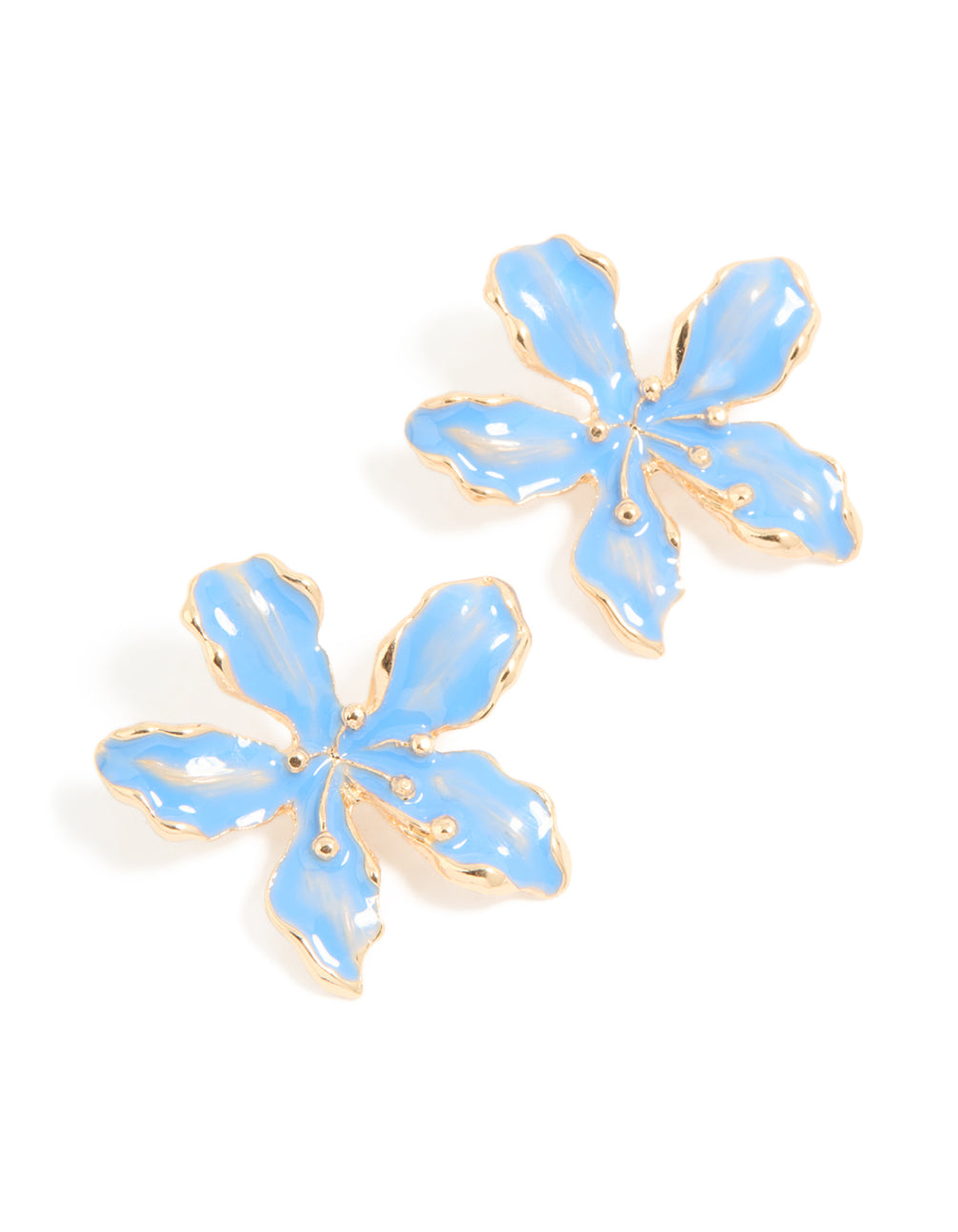 Dainty floral stud earrings in pale blue enamel with gold edging front view