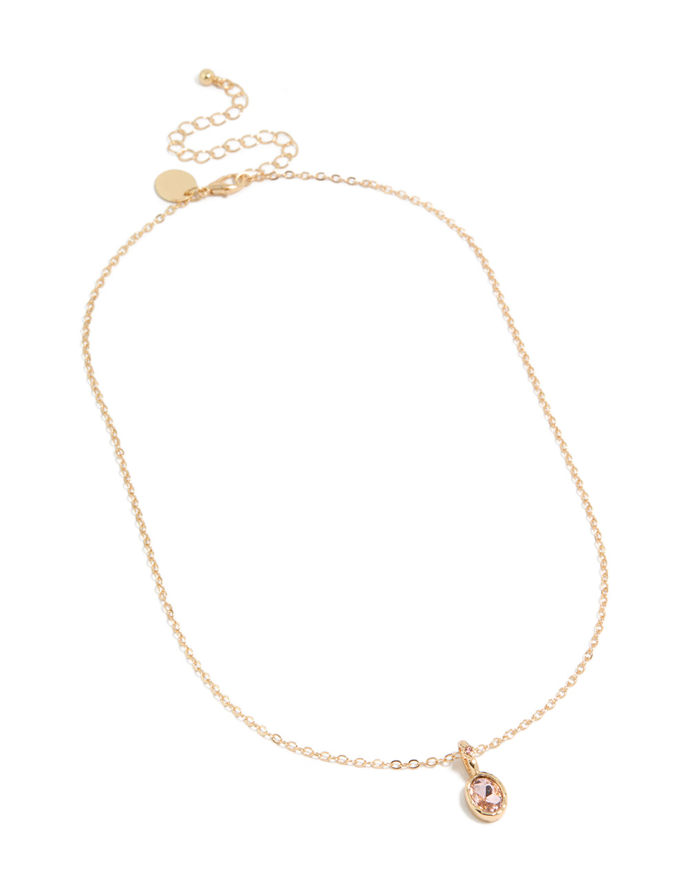 Elegantly designed pink diamante round pendant charm necklace in gold with adjustable clasp front view