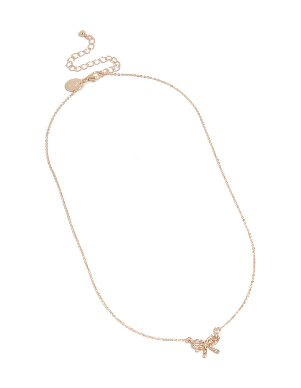 Crafted with rose gold dainty diamante bow pendant necklace close up view