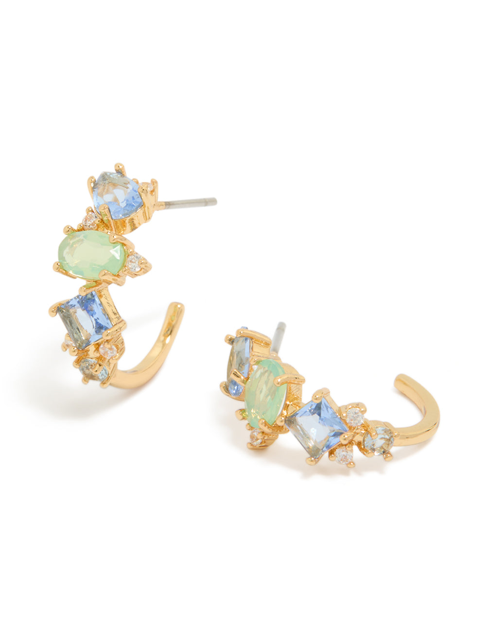 Crafted from gold plated material, these blue and green cubic zirconia multi-shaped hoop earrings showcase light sky blue and pale green stones in a front view