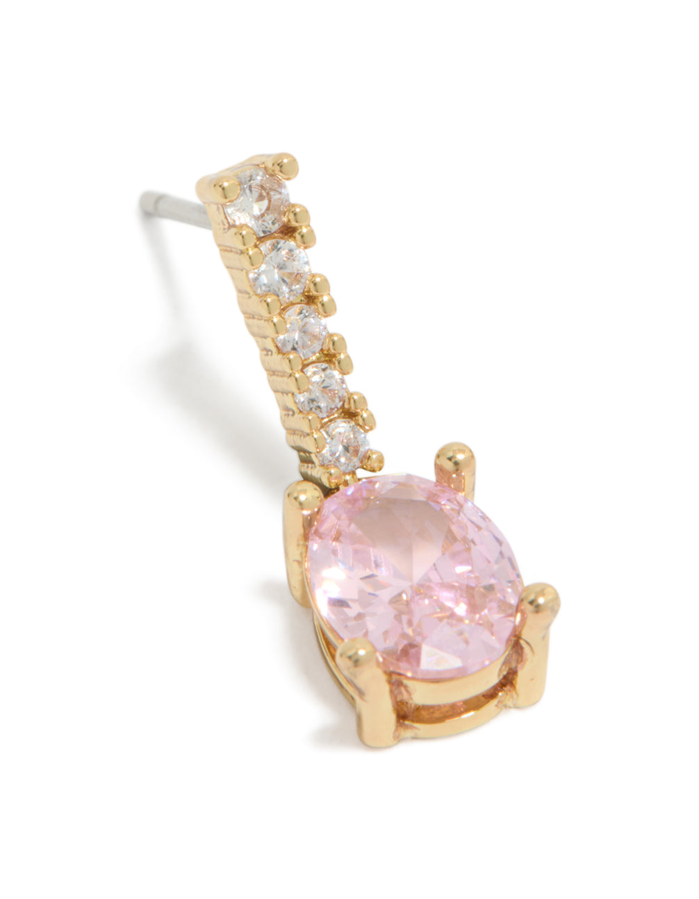 Beautifully crafted these gold plated light pink cubic zirconia oval drop earrings close up view