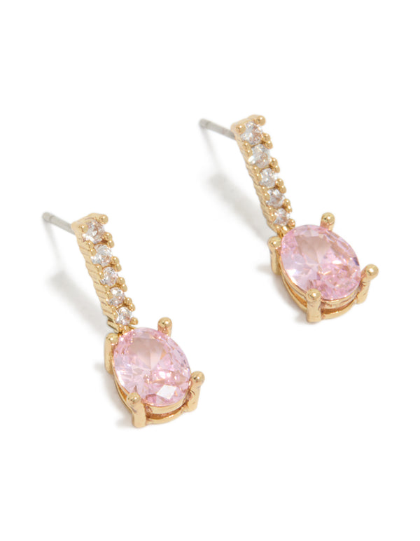 Showcasing gold plated light pink cubic zirconia oval drop earrings front view