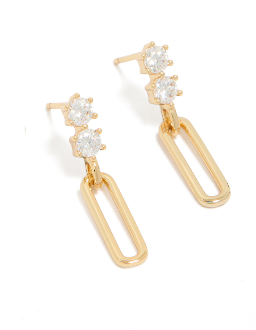 Showcasing statement drop earrings crafted from gold plated metal with cubic zirconia stones and rectangular design front view