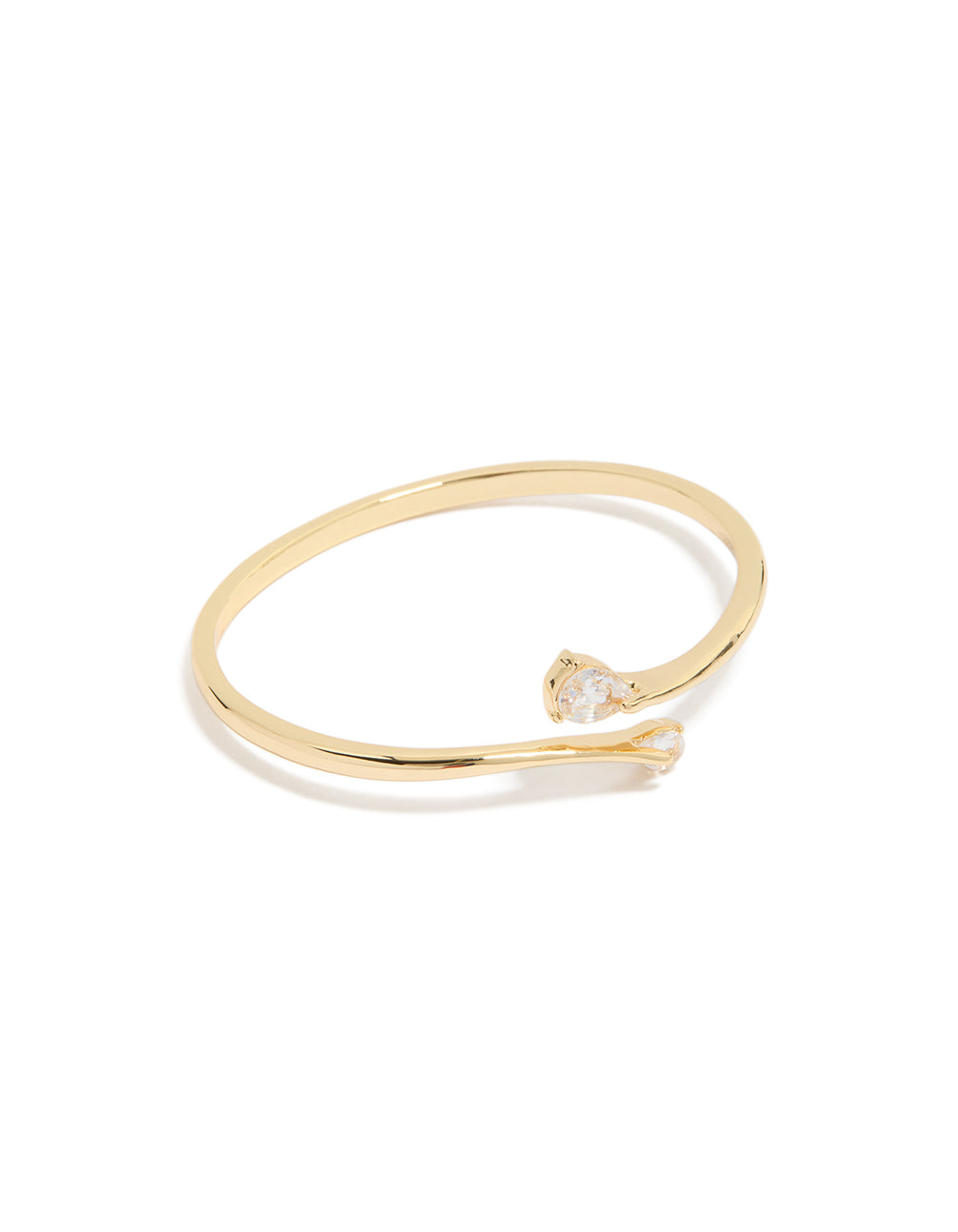 Crafted from gold plated material featuring cubic zirconia flat teardrop open front bangle in statement style front view