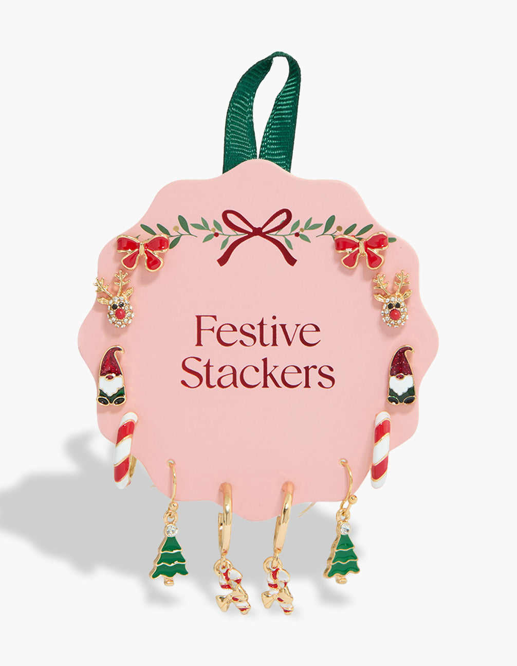 Showcasing statement earrings featuring animal reindeer designs with bow accents, food candy canes, tree motifs, Santa, cubic zirconia embellishments, and glitter finish in gold, red, green, white front view
