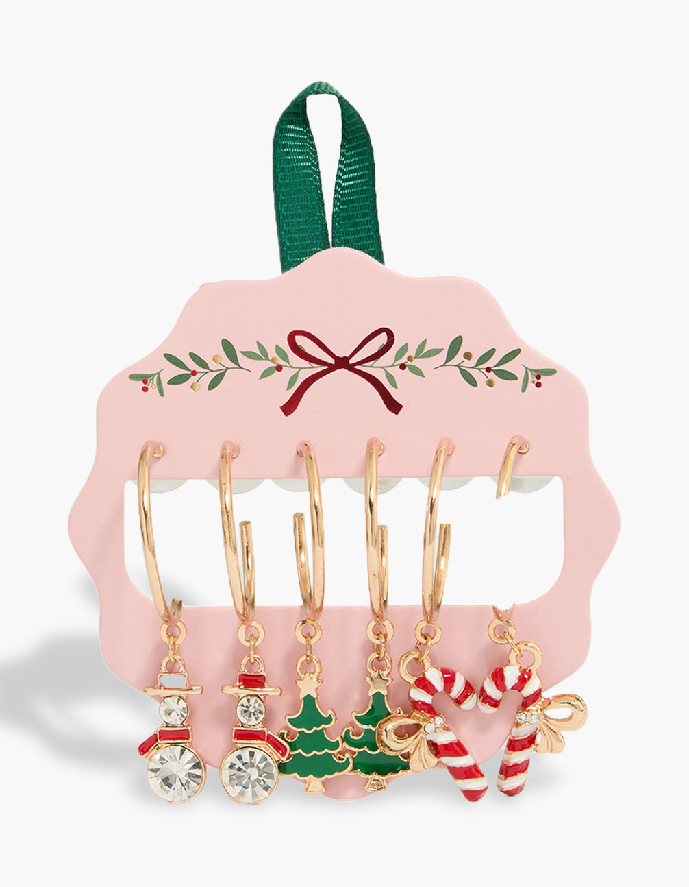 Showcasing gold diamante snow men and candy cane hoop charm earrings in a 3-pack set featuring bow, leaf, tree, floral, food motifs with chunky style front view