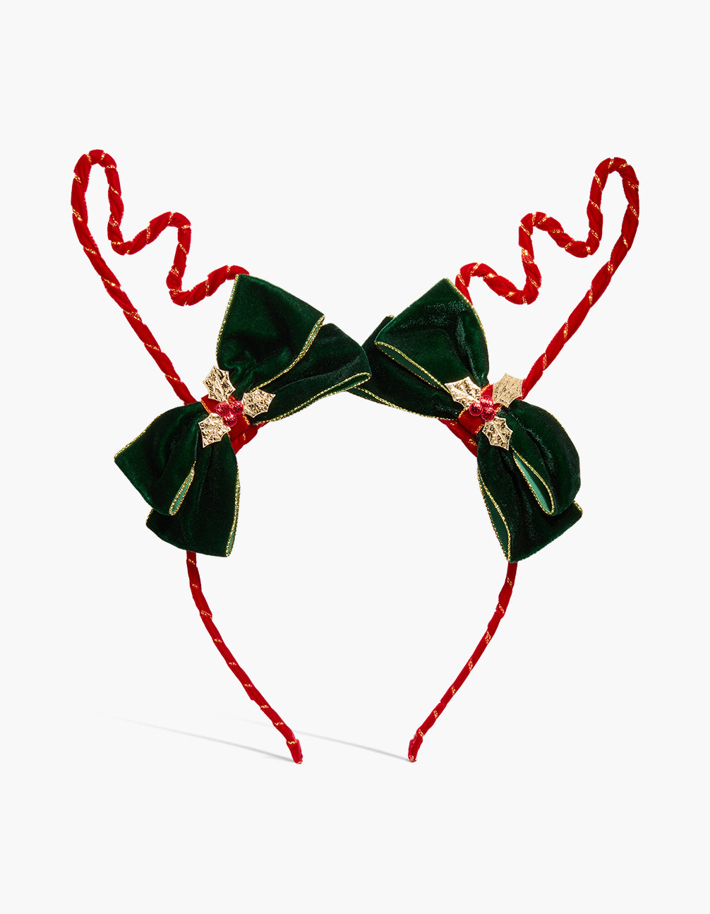 Red Fabric Reindeer Ears & Green Bow Headband