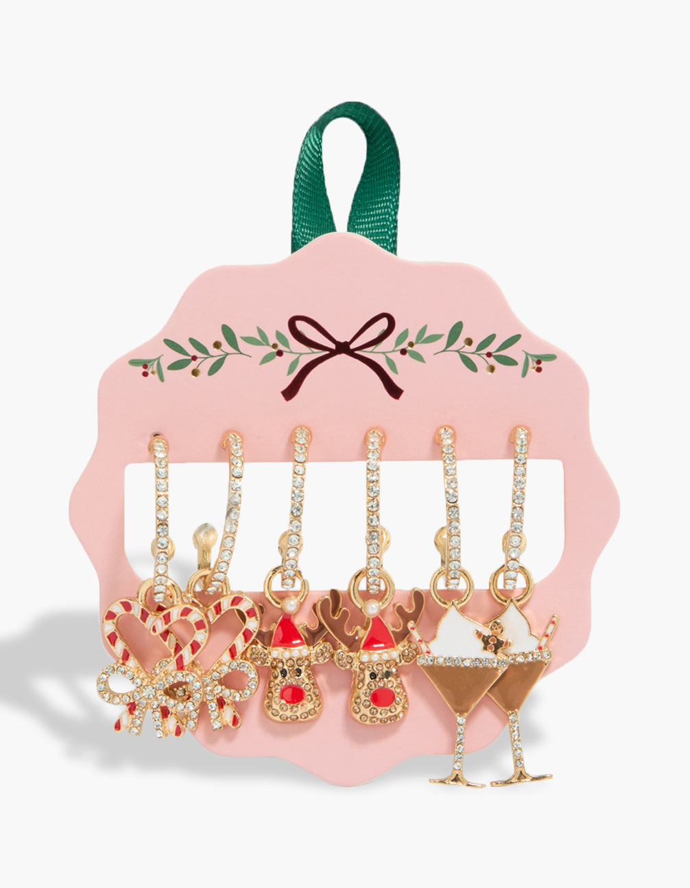 Showcasing gold reindeer and Xmas drink earrings in a festive 3-pack with animal details, hoop closure, striped pattern front view