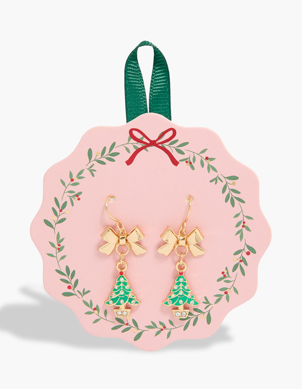 Showcasing gold bow and Xmas tree earrings in festive green with red and clear accents front view